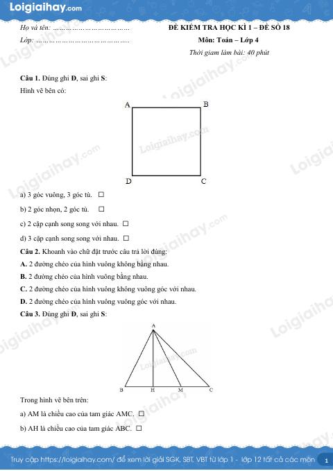 Đề số 18 - Đề kiểm tra học kì 1 - Toán lớp 4
